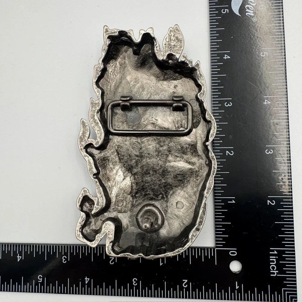 Screaming Skull Electric Guitar Flames Belt Buckle‎ Antique Silver Biker Rocker